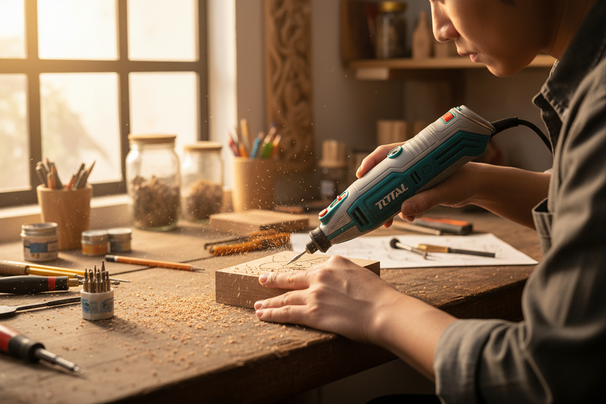 Artesano usando Mini Grinder TOTAL para grabar madera