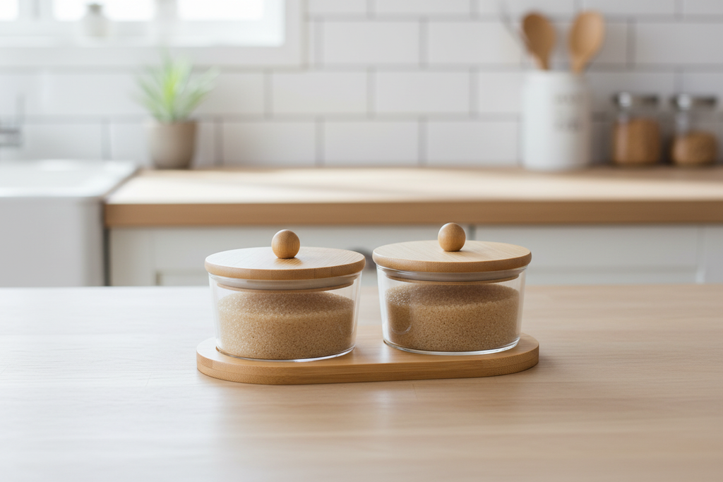 Set recipientes vidrio bambú en mesa con condimentos ambiente zen