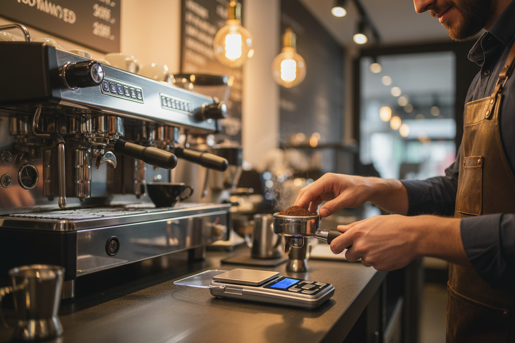 Barista midiendo dosis perfecta de café con balanza de precisión