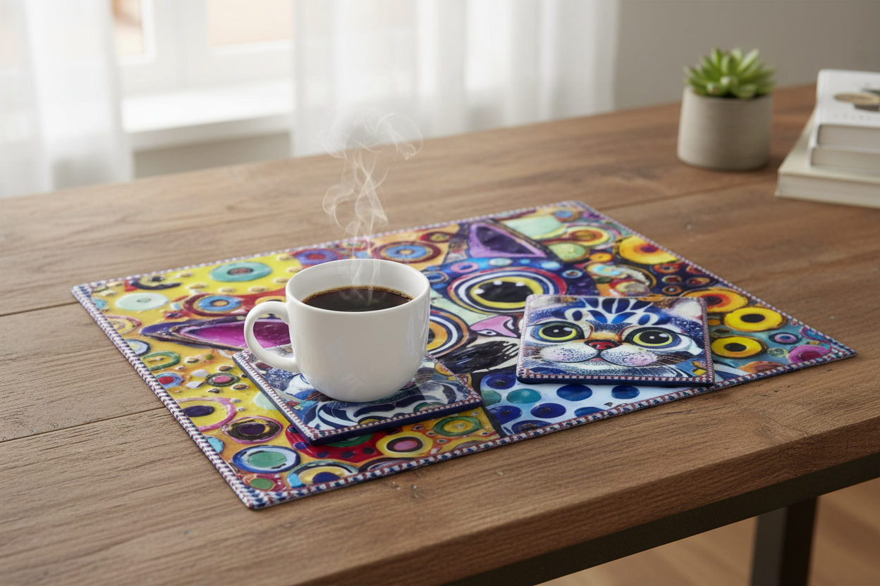 Set de 6 posavasos cuadrados 12x12 con diseños de gatos artísticos en uso