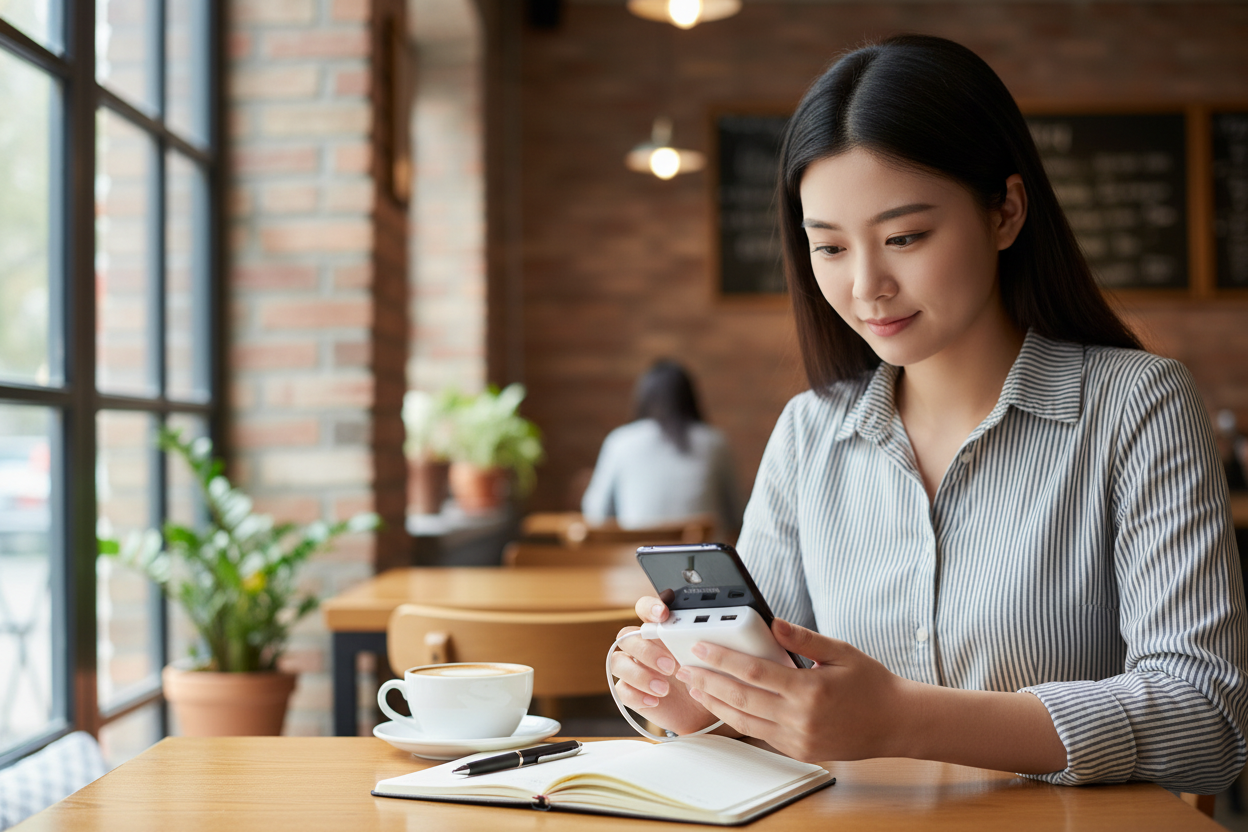 Mujer en café cargando Samsung con power bank cable Type-C integrado