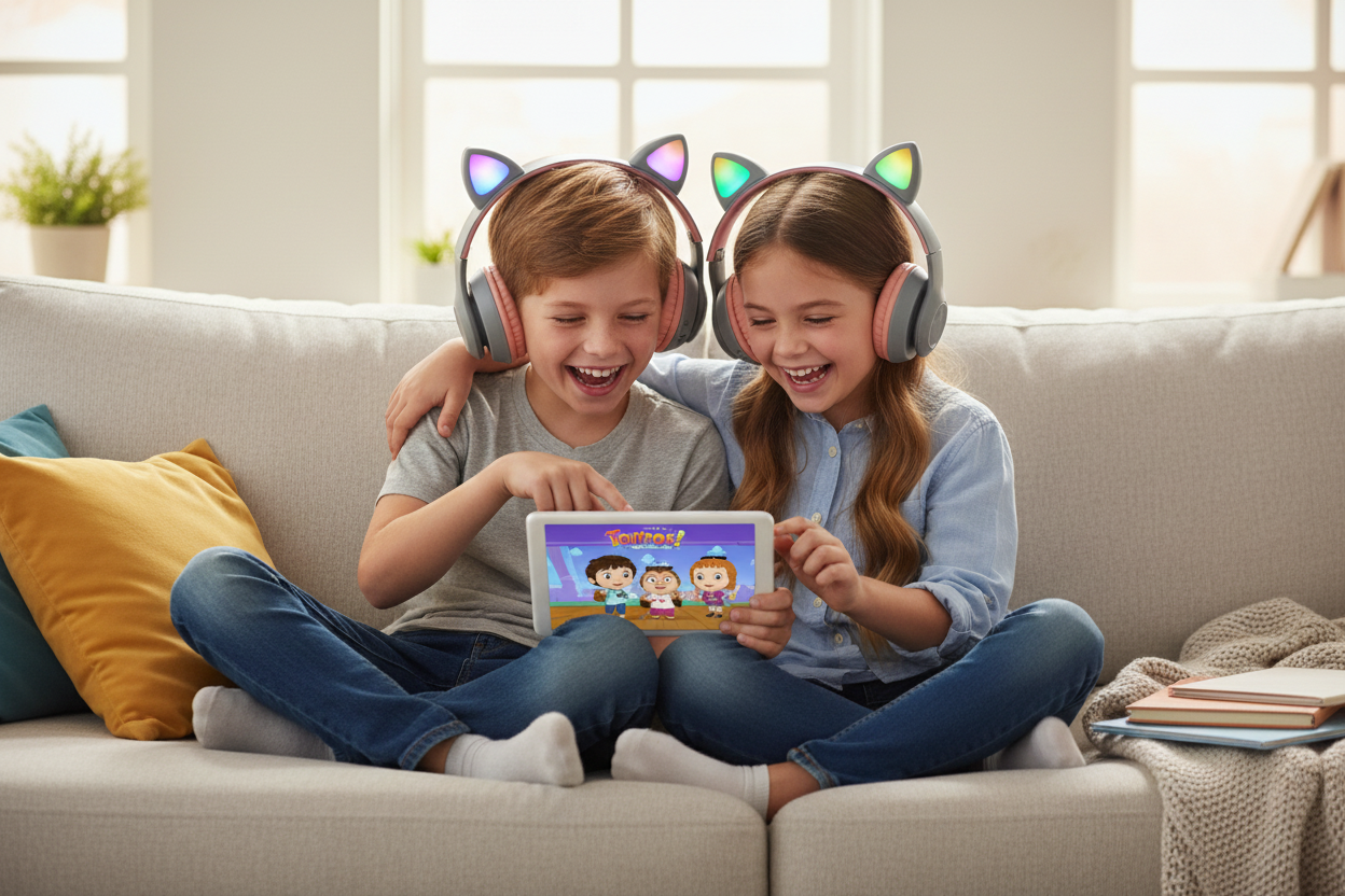 Niños viendo tablet juntos con audífonos orejas de gato LED multicolor