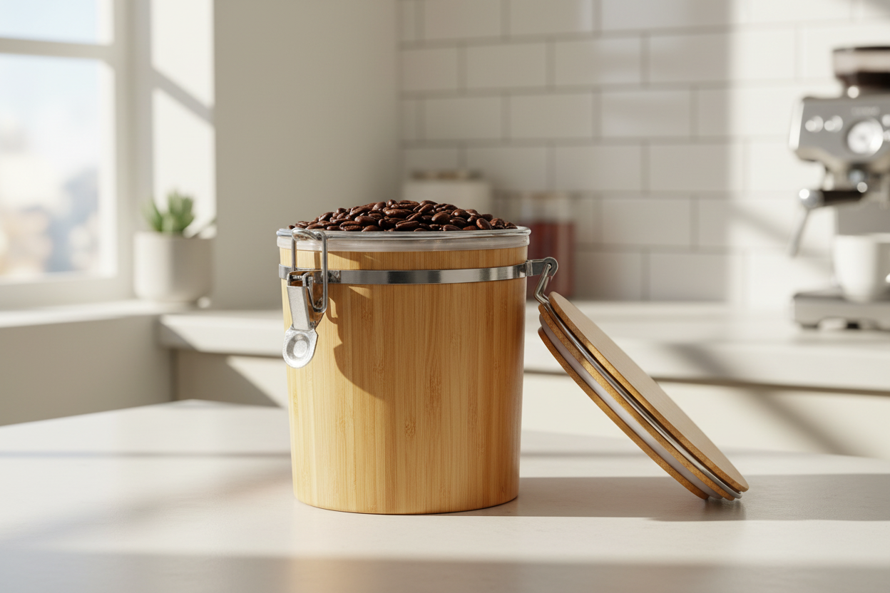 Contenedor bambú hermético en cocina moderna almacenando alimentos secos