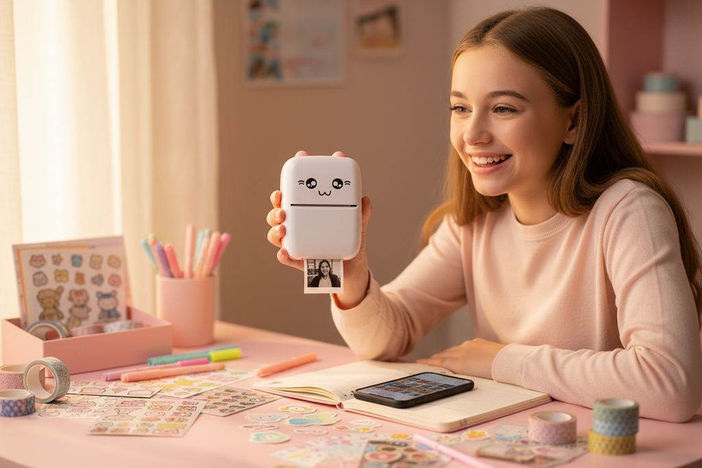 Niña sosteniendo mini impresora térmica rosa kawaii tamaño real