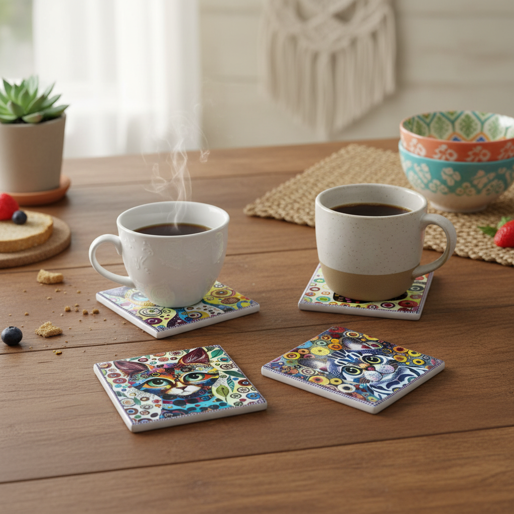 Posavasos gato artístico en uso en mesa de desayuno con tazas