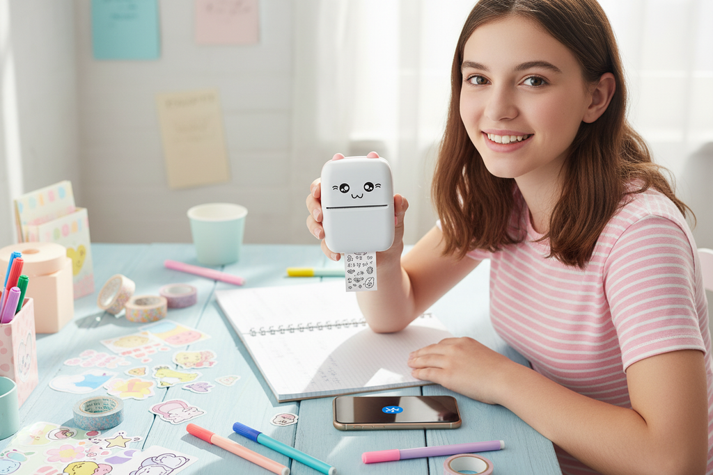 Niña sosteniendo mini impresora térmica celeste kawaii tamaño real