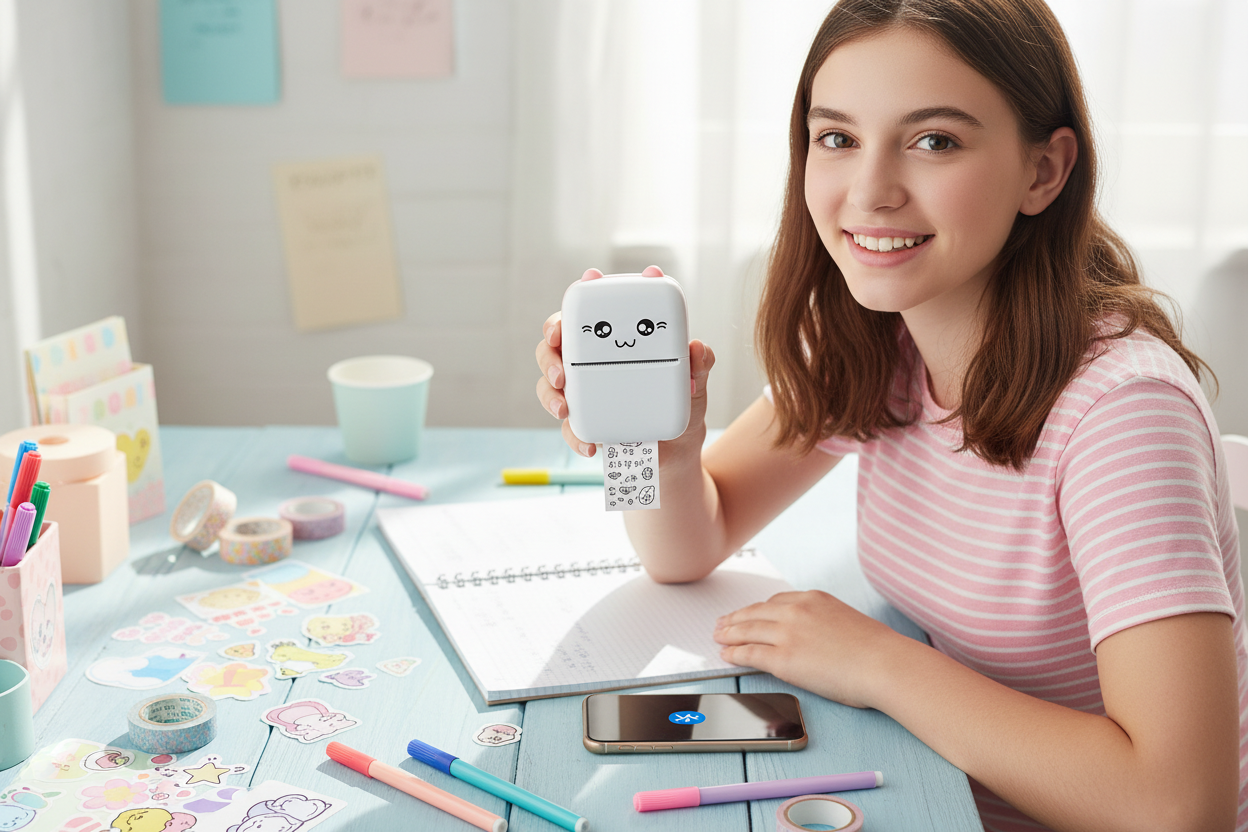 Niña sosteniendo mini impresora térmica celeste kawaii tamaño real