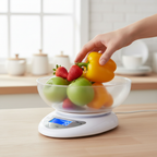 Balanza digital de cocina con bowl pesando frutas y verduras