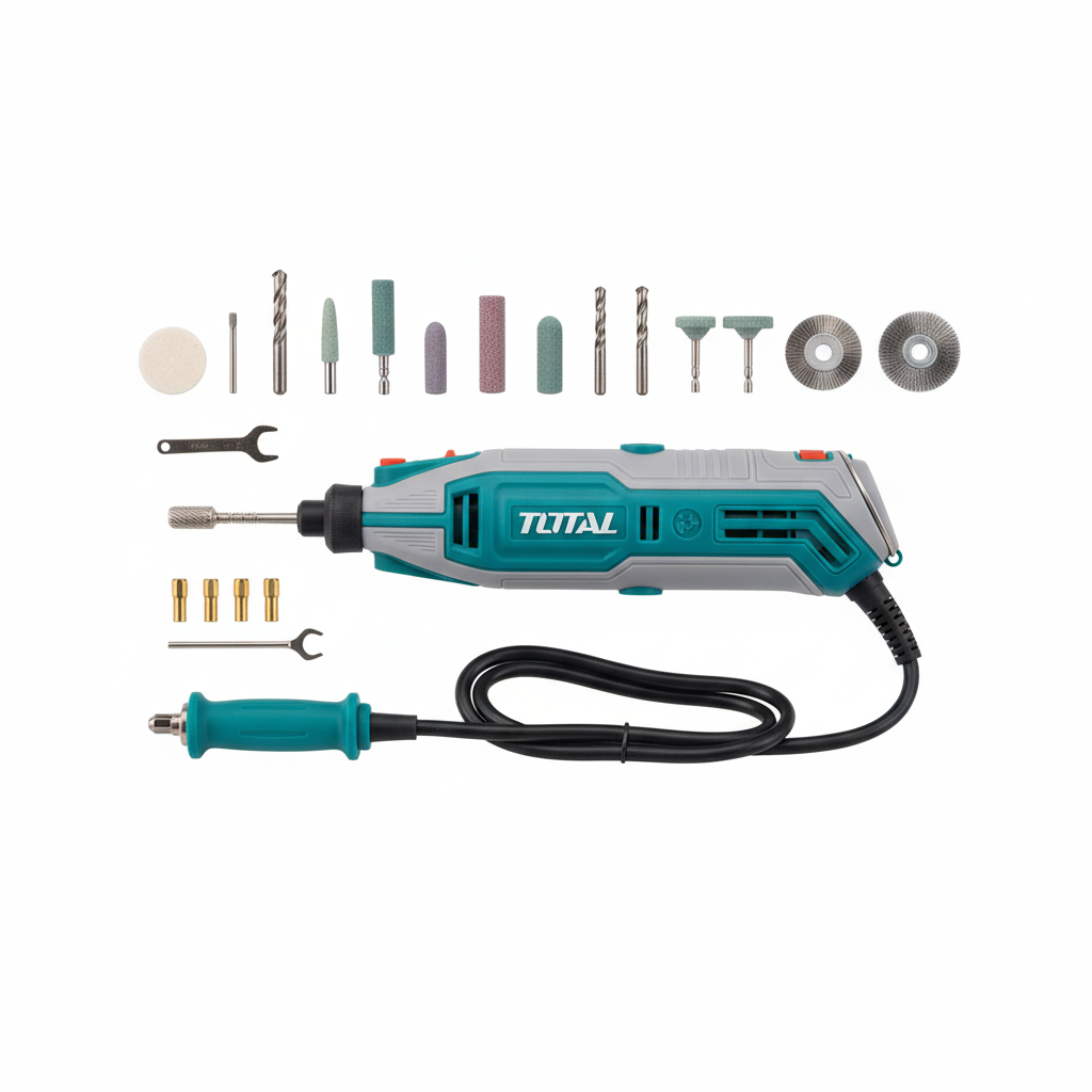 Mini Grinder TOTAL 130W con accesorios sobre fondo blanco