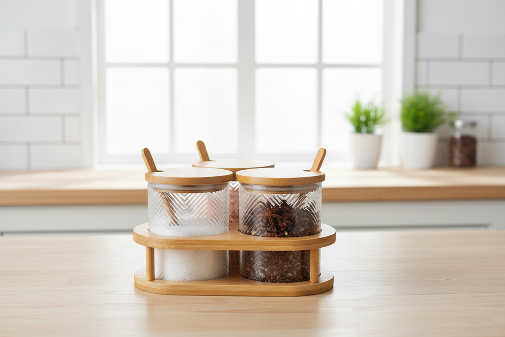 Trío especieros vidrio bambú en mesa con condimentos cucharitas bambú