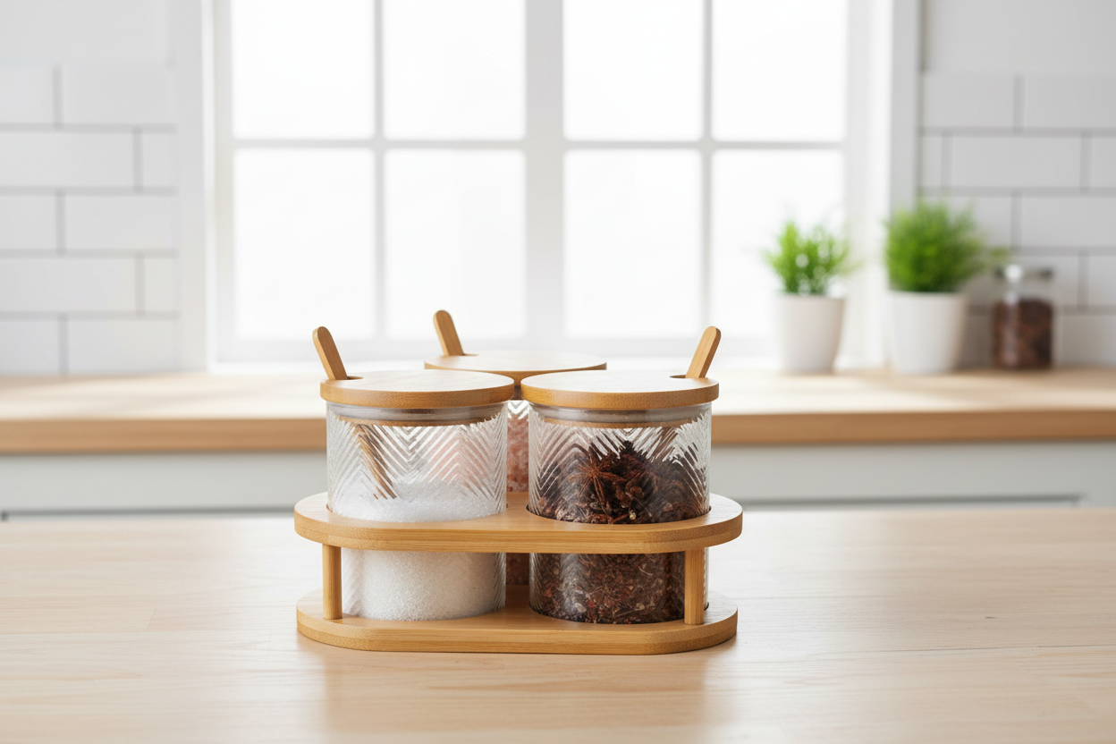 Trío especieros vidrio bambú en mesa con condimentos cucharitas bambú