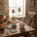 Posavasos combi vintage en uso en mesa de desayuno con tazas de té
