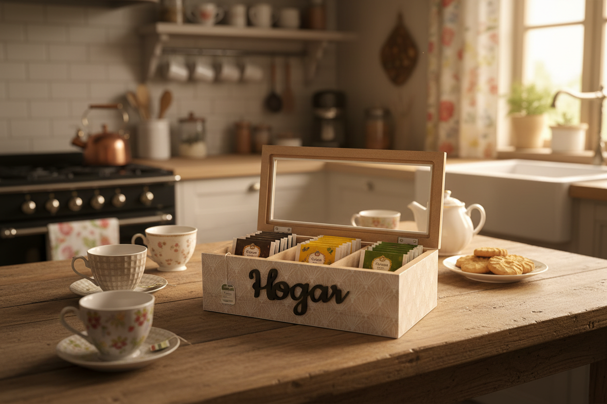 Caja organizadora té Hogar en cocina vintage decorando con tazas
