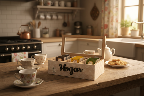 Caja organizadora té Hogar en cocina vintage decorando con tazas