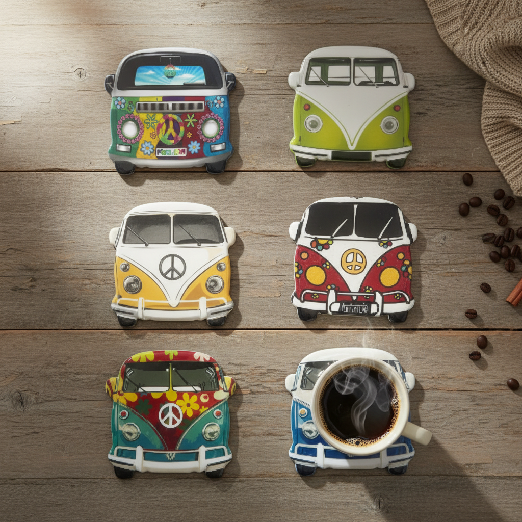 Los 6 posavasos combi vintage en mesa de madera con tazas encima