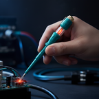 Electricista detectando voltaje con luz neón encendida