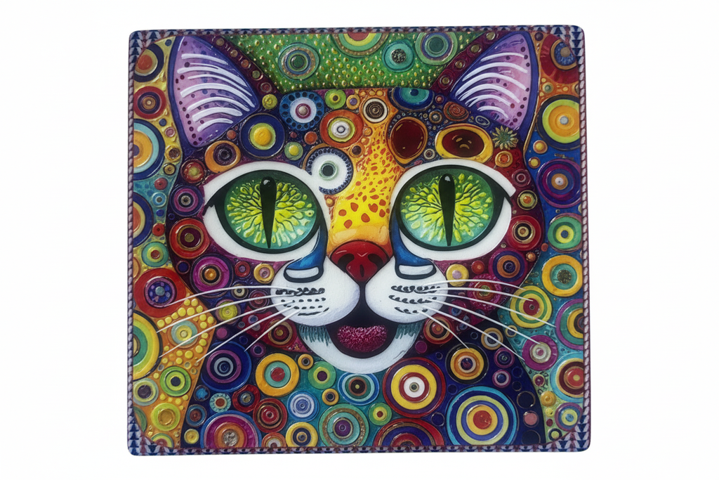 Posavaso cuadrado 12x12 con diseño artístico de gato y patrones circulares