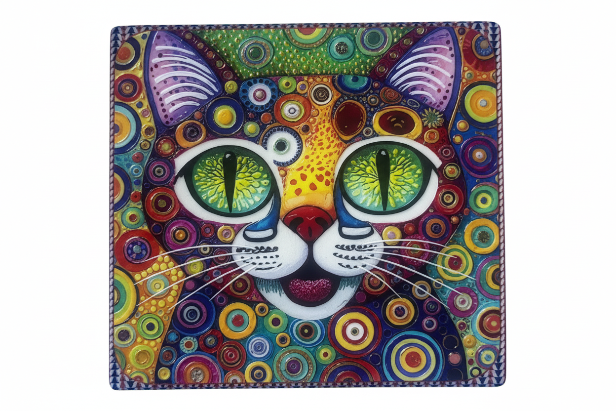 Posavaso cuadrado 12x12 con diseño artístico de gato y patrones circulares