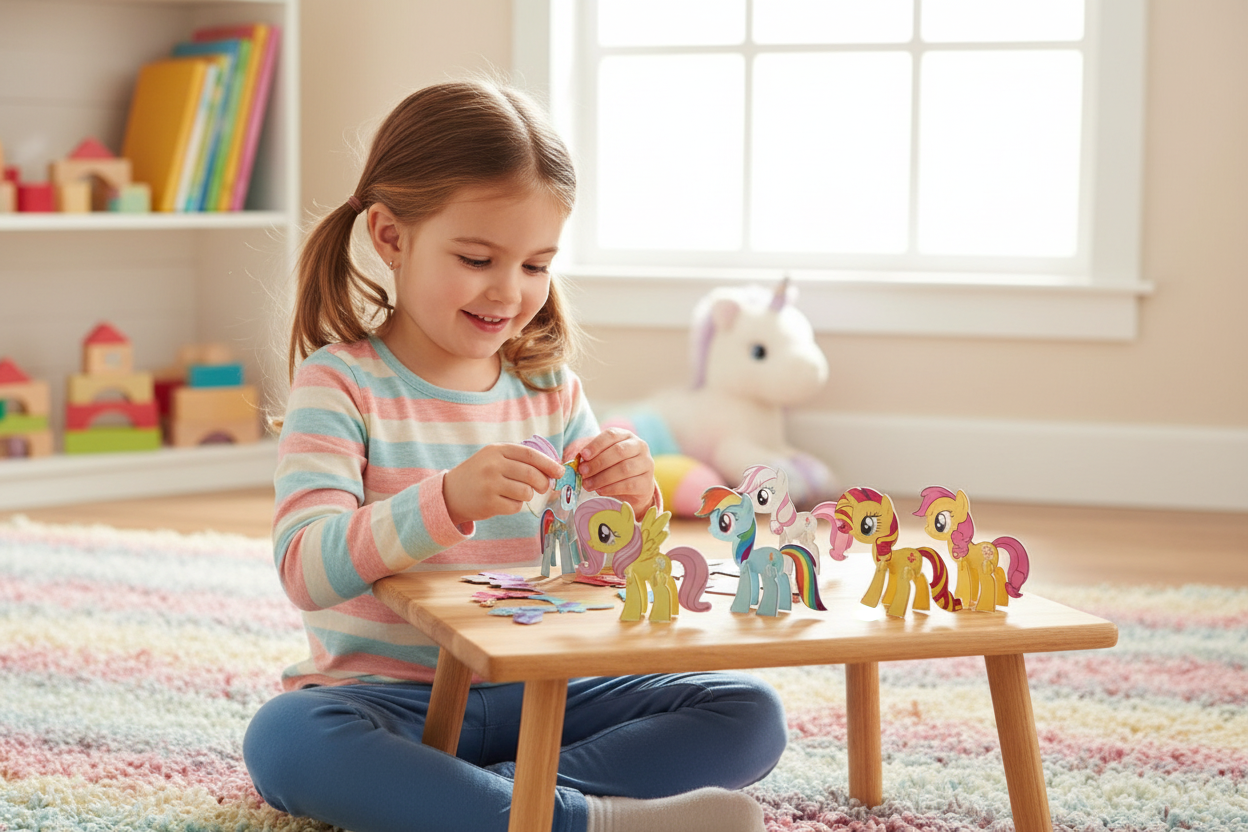 Niña jugando y armando las figuras de My Little Pony