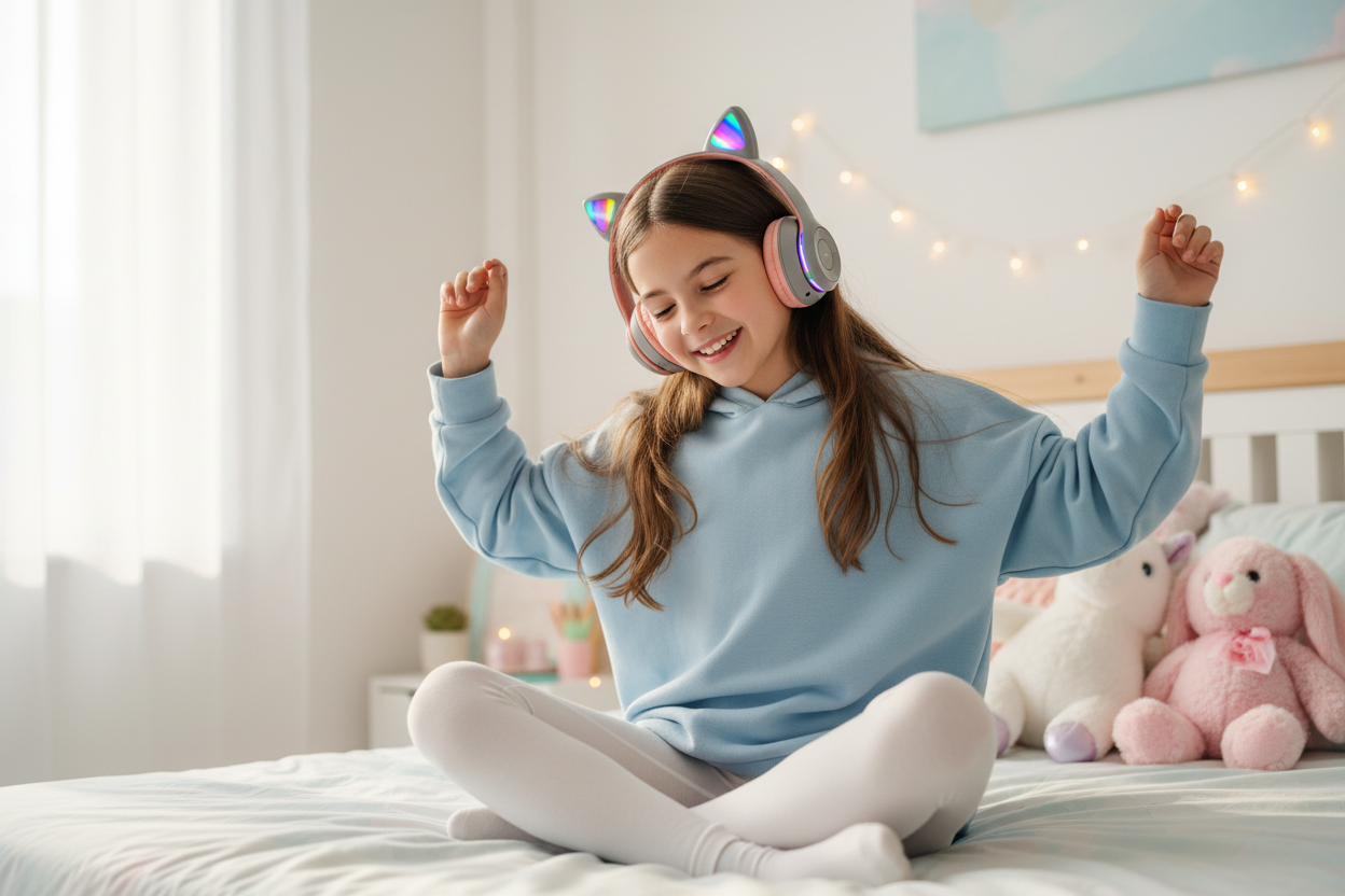 Niña bailando y escuchando música con audífonos orejas de gato LED