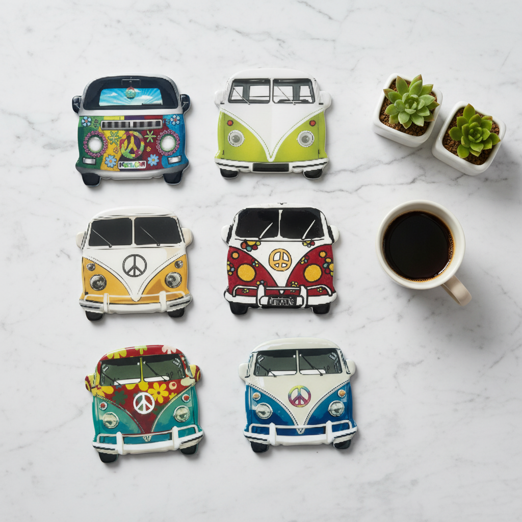 Flat lay de los 6 posavasos combi vintage sobre mármol blanco