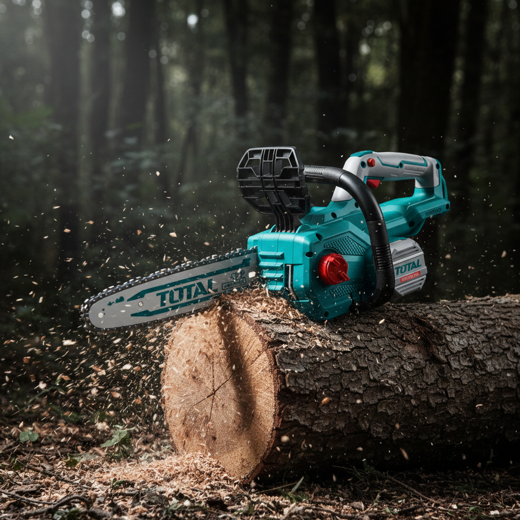 Cortando tronco de madera con motosierra TOTAL P20S