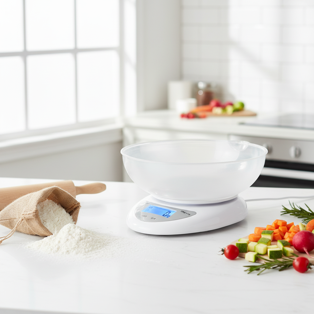 Balanza digital de cocina con bowl transparente en cocina con ingredientes