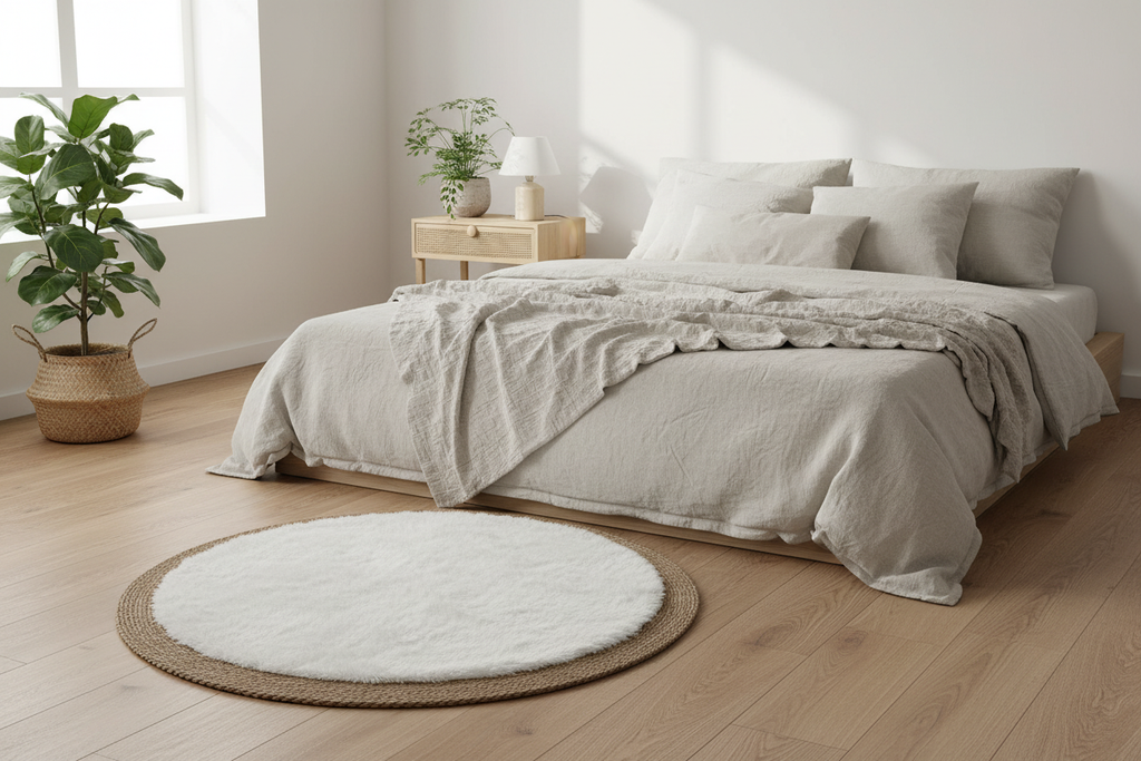 Alfombra redonda en dormitorio escandinavo junto a cama
