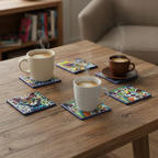Los 6 posavasos gato artístico en mesa de madera con tazas encima