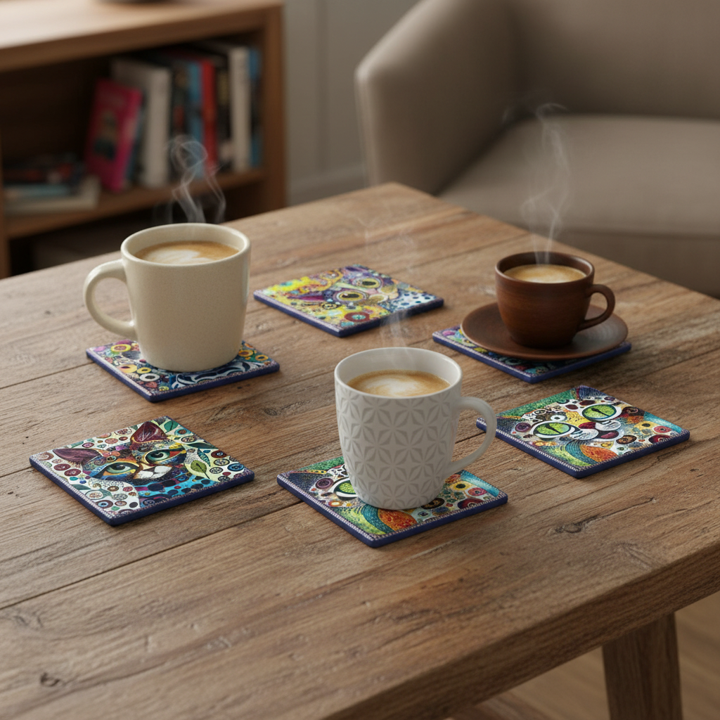 Los 6 posavasos gato artístico en mesa de madera con tazas encima