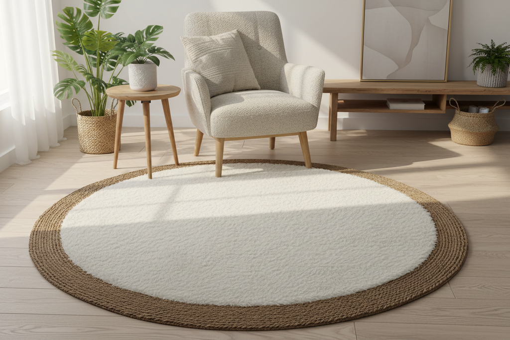 Alfombra redonda decorando sala de estar moderna con sillón y plantas