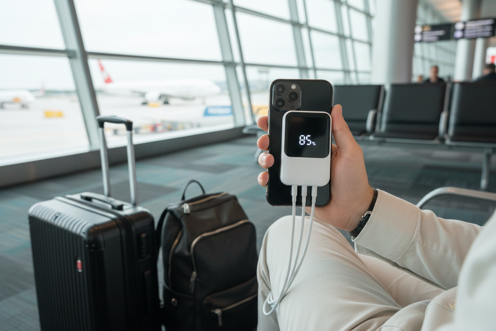 Cargando iPhone en aeropuerto con power bank cables integrados cortos