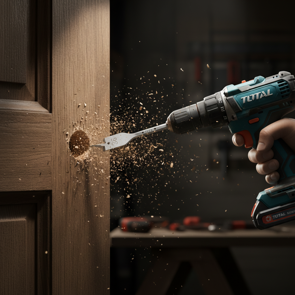 Broca mecha plana 25mm TOTAL perforando tablón de madera
