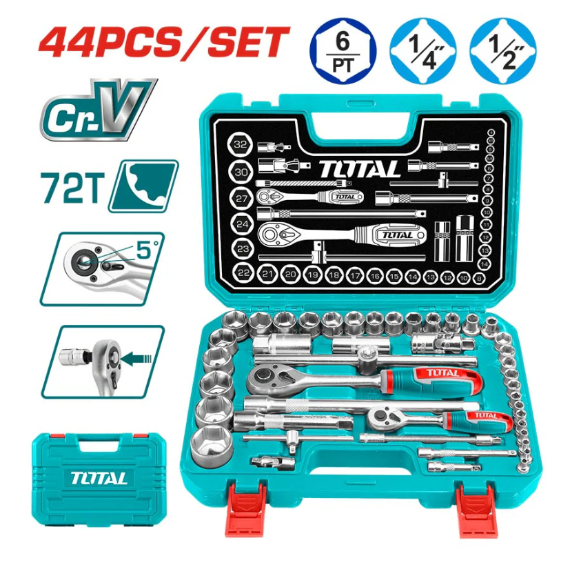Juego de Dados TOTAL 44 Piezas CrV 72T en Maletin