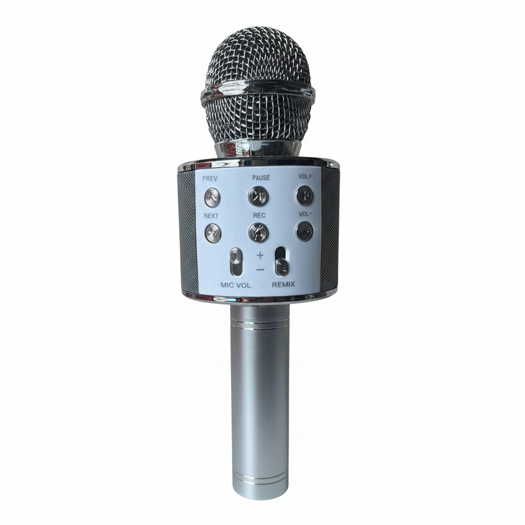 Micrófono Inalámbrico Bluetooth con Karaoke y Altavoz color plateado