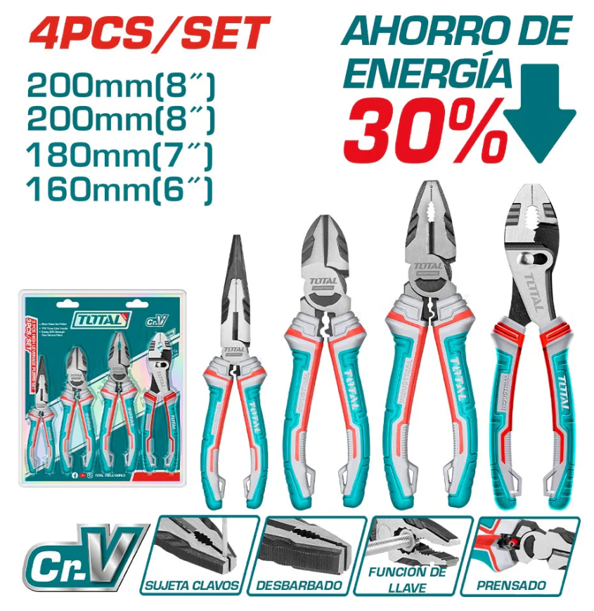Set de Alicates 4 Piezas TOTAL CrV – Ahorro de Energía 30%
