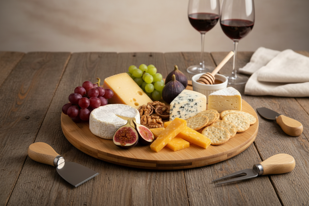 Tabla de quesos bambú con charcutería elegante para reuniones