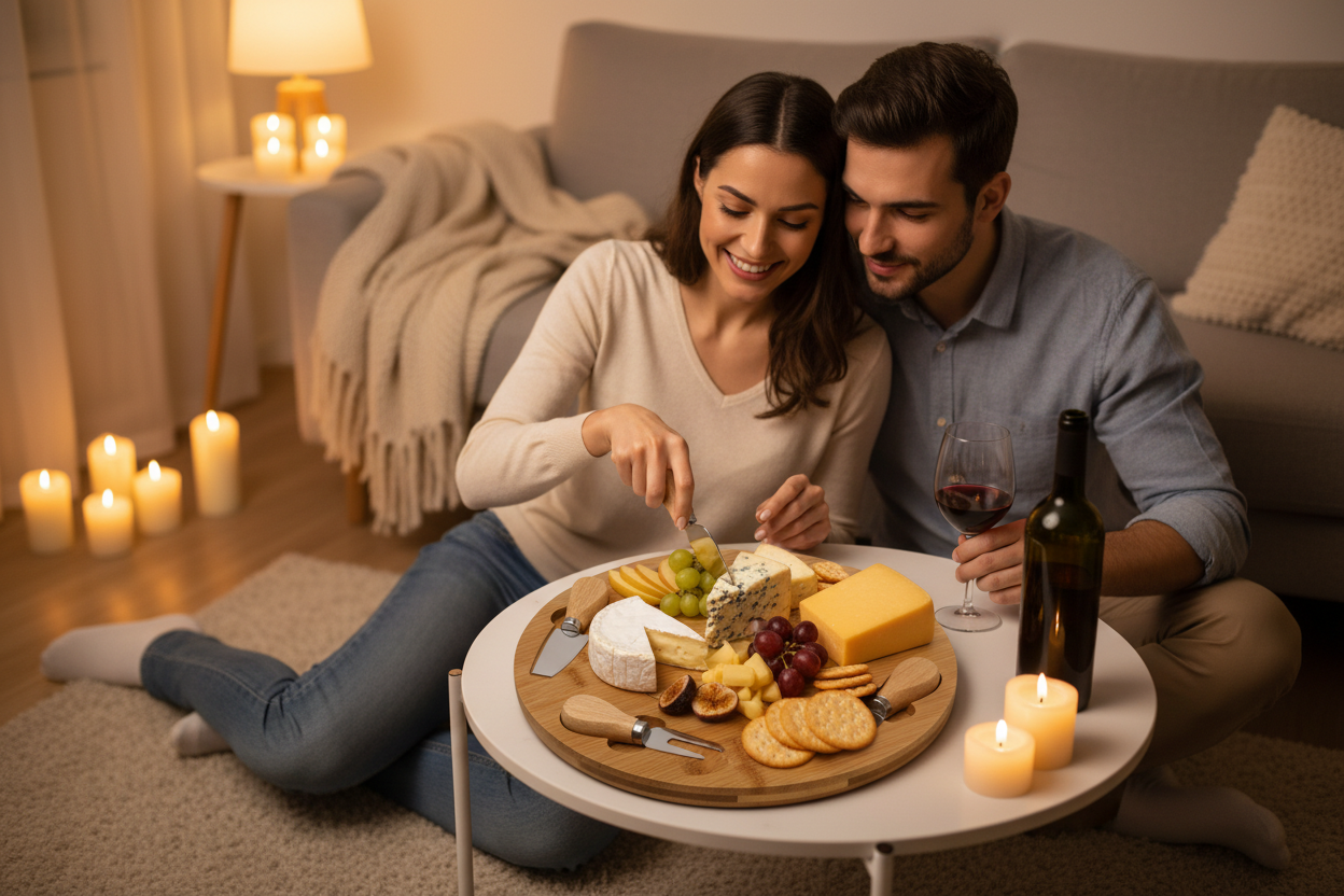 Pareja disfrutando vino y quesos con tabla de bambú